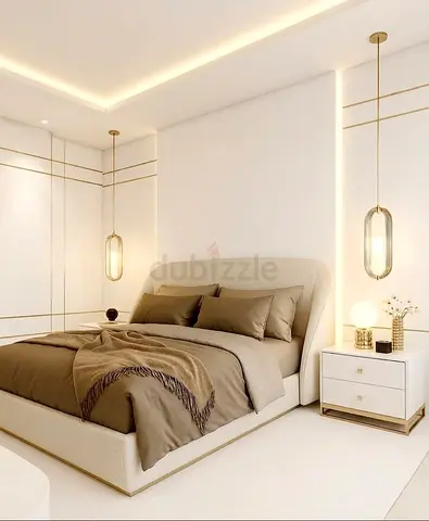 Minimalist upholstered platform bed with headboard - beige
