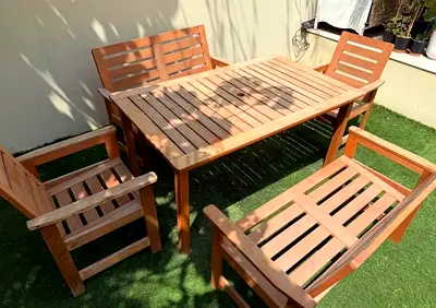 Solid Wood Outdoor Dining Set - Table with 4 Slatted Chairs & Bench