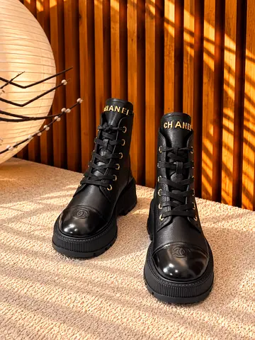 Black CHANEL-style Leather Lace-up Combat Boots, Size Not Specified