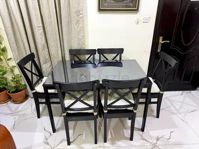 6-8 ikea Seater Black Dining Table with Chairs cushion included- table and chairs size in pictures