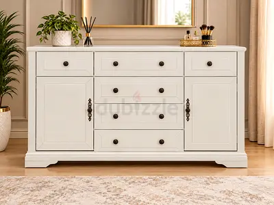 Classic White Wooden Dresser with Multiple Drawers and Cabinets