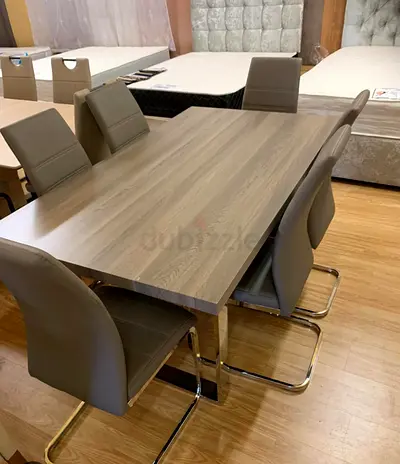 Modern 6-Seater Dining Table with Grey Leather Chairs