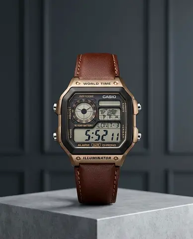Casio World Time Digital Watch with Brown Leather Strap
