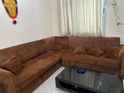 Brown L-shaped suede sectional sofa - comfortable 5-seater