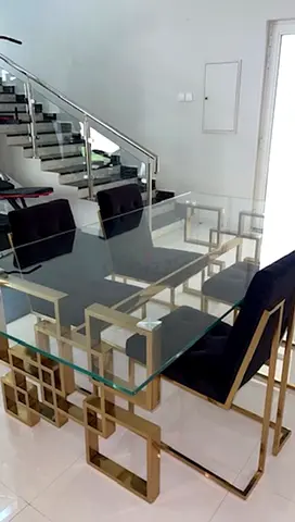 Glass Top Dining Table with Gold Geometric Base + 6 Velvet black Chairs