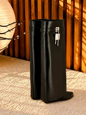 Black Tall Leather Boots with Silver Buckle