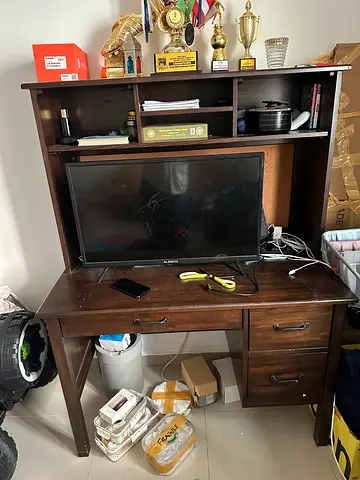Wooden Study Desk with Hutch and Drawers - Dark Brown, Good Condition