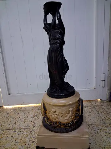 Large Vintage Bronze-Patina Female Statue on Carved Marble Base
