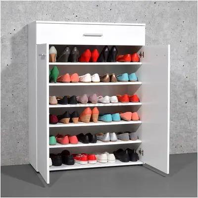 White shoe cabinet with multiple shelves