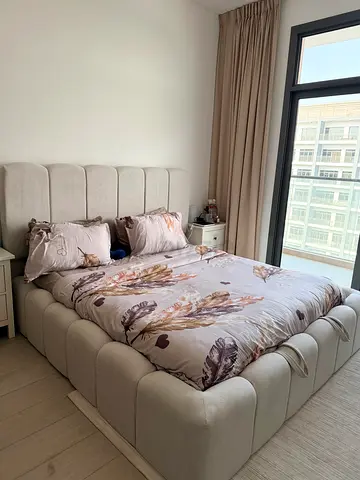 Gray-Beige Upholstered king Bed with Headboard and hydraulic Storage Base. Mattress is queen.