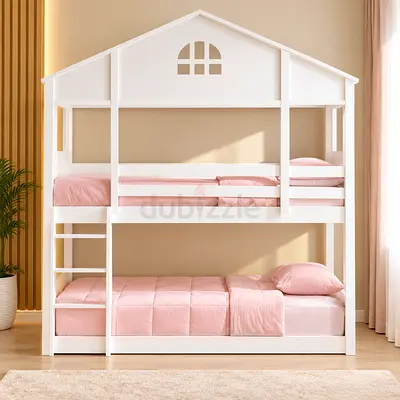 White Wooden House-Shaped Bunk Bed for Kids