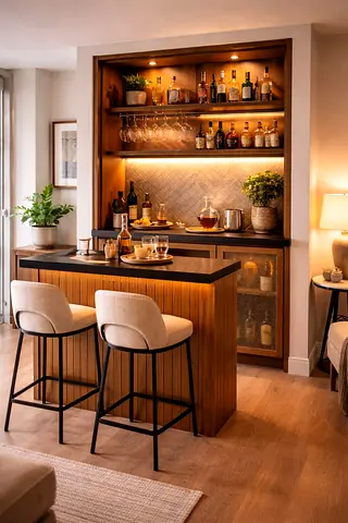 Compact wooden home bar unit with countertop and shelving