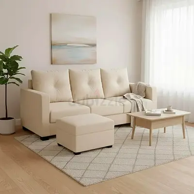Cream leather fabric 3 seater sofa chaise
