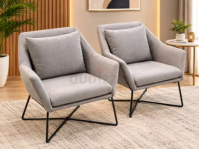 Pair of Modern Grey Fabric Armchairs with Metal Legs