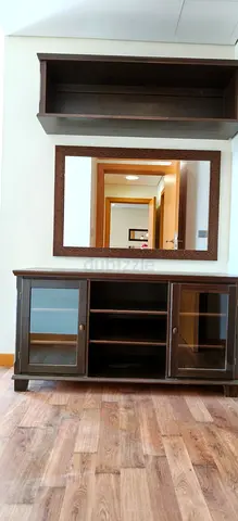 Wooden TV Console with Wall Shelf and Matching Mirror - Good Condition