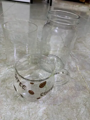 Set of 3 clear glass jars/cups — small coffee jar included