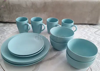 Danube 14-piece light blue dinnerware set — plates, bowls and mugs (2 piece side plate missing)