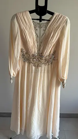 Cream embellished long sleeve evening dress