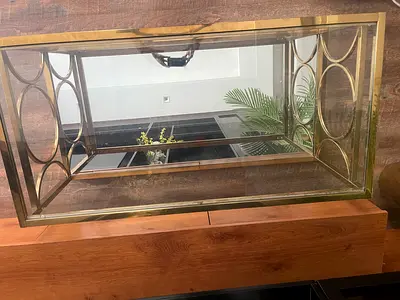 Glass Top Brass Coffee Table with Geometric Frame