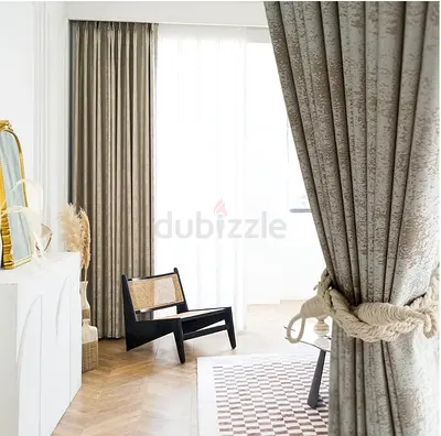 Neutral textured full-length blackout curtains - pair, either its rods (W 200 x L 270)