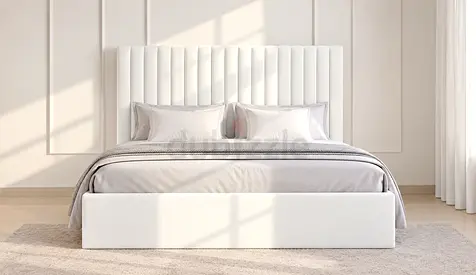 New White upholstered King Size bed with tall channel-tufted headboard