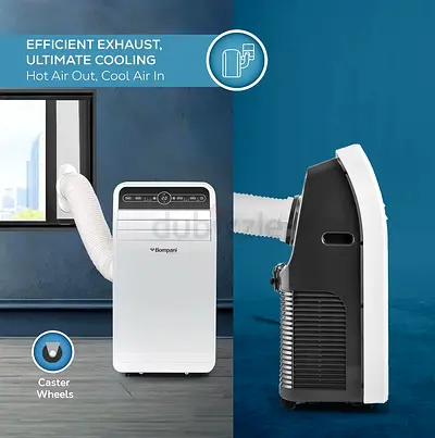 Portable air conditioner - compact unit with exhaust hose and caster wheels