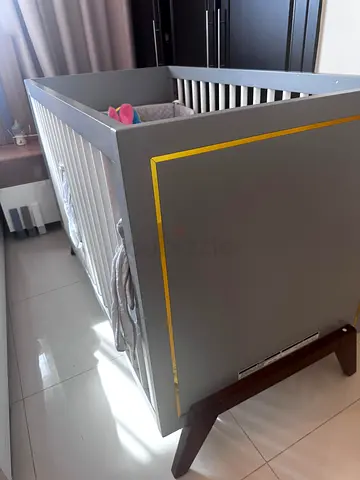 Grey and White Baby Crib with Gold Trim - Good Condition