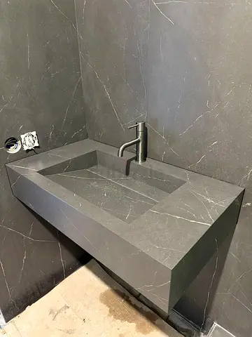 Modern Luxury Bathroom Vanity Custom Made with Double Marble Sinks, Floating Cabinet and Matching Ar