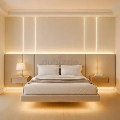 Modern Floating Bed Set with Integrated Headboard and Nightstands
