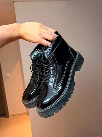 Black patent leather chunky lace-up combat boots, size unknown 44-45