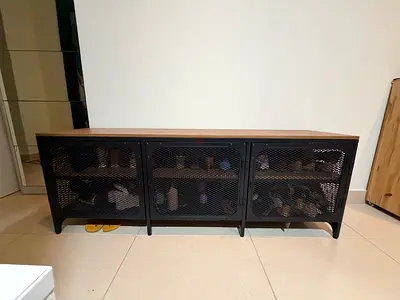 Low metal and wood TV stand / media console with mesh doors