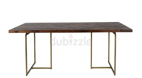 Dining table made of acacia wood and steel base in antique brass color 8 seats