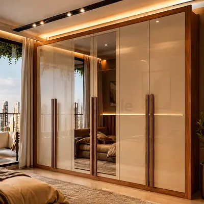 Modern 6-Door Wardrobe with Mirrored Center and Wood Frame
