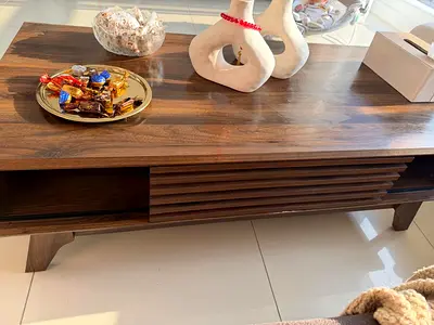2 items - Solid Wood Coffee Table with Slatted Front and Storage Shelves and a matching TV table -