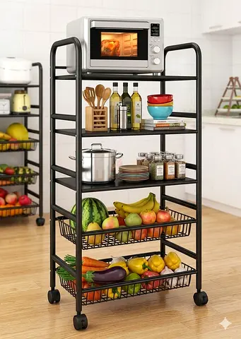 5-Tier Rolling Kitchen Storage Rack with Wire Baskets - Black