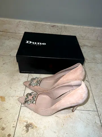 Dune blush pink suede crystal-embellished heels, size 38