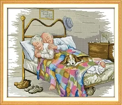 Framed Cross-Stitch 'Home Sweet Home' Elderly Couple in Bed