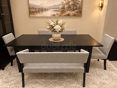 Solid wood Extendable dining table with 6 chairs and bench. IKEA. Like new