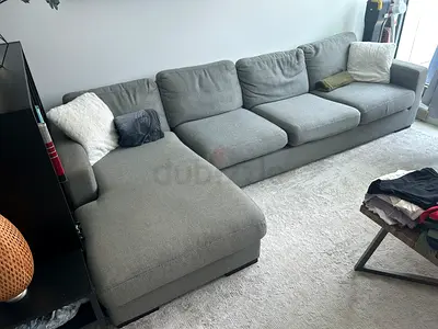 Large grey L-shaped fabric sofa with chaise, good condition