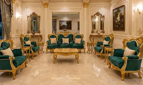 Luxurious Green Velvet and Gold Carved Living Room Sofa Set (7-piece)