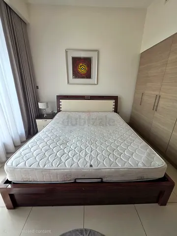 King Size wooden bed frame with hydraulic storage + mattress + bedside table + wall Art, g condition