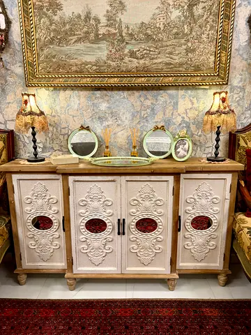 Shabby chic Wooden Console Cabinet with Carved Doors – Rustic White Finish pottery barn