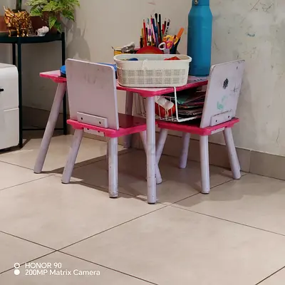Kids double study table with two chairs - pink/white