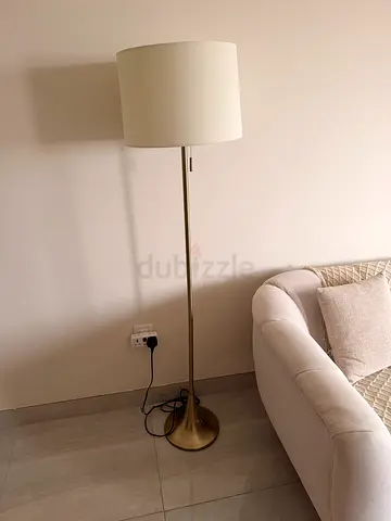 Brass-tone Floor Lamp with White Fabric Shade - Good Condition