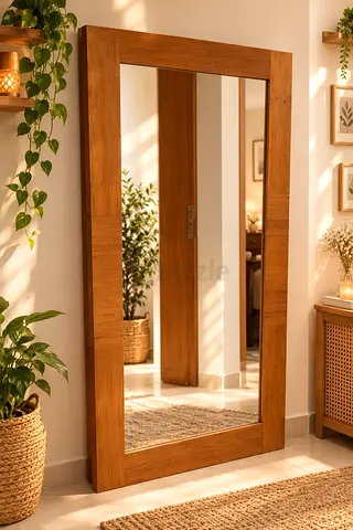 Large Full-Length Wooden Framed Mirror - Warm Oak Finish