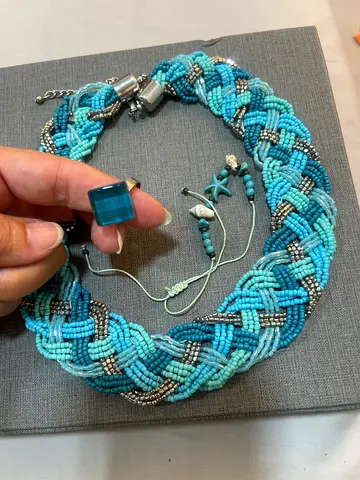 Handmade woven turquoise beaded necklace with matching ring/pendant