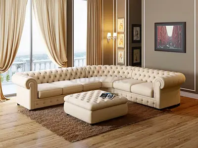 Brand new Cream Chesterfield L-shaped Leather Sofa with Ottoman