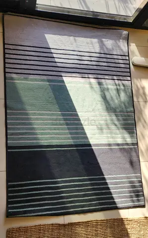 Simple striped area rug - grey, green & black, good condition