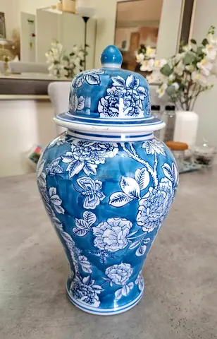 Blue and white floral ceramic ginger jar with lid - decorative vase