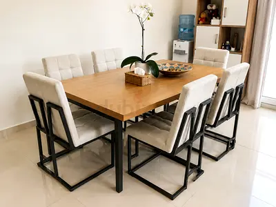 Wooden Dining Table with 6 Upholstered Chairs - Modern Set